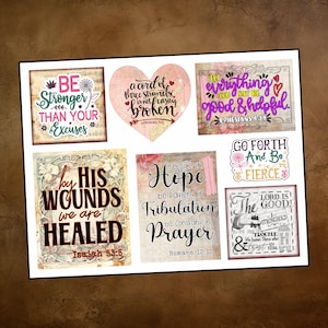 May include: A collection of inspirational art prints with various quotes and phrases. The prints feature floral and decorative elements, with a color palette of pink, green, and brown. The quotes include "Be Stronger Than Your Excuses" and "A cord of three strands is not easily broken."