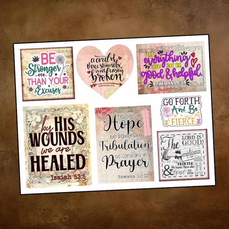May include: A collection of inspirational art prints with various quotes and phrases. The prints feature floral and decorative elements, with a color palette of pink, green, and brown. The quotes include "Be Stronger Than Your Excuses" and "A cord of three strands is not easily broken."
