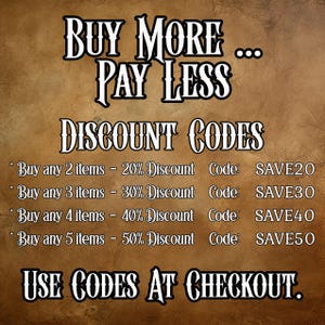 May include: A brown background with white text promoting discounts. The text reads "Buy More... Pay Less" and lists discount codes for buying multiple items, such as "SAVE20" for 20% off when buying two items.