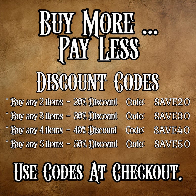 May include: A brown background with white text promoting discounts. The text reads "Buy More... Pay Less" and lists discount codes for buying multiple items, such as "SAVE20" for 20% off when buying two items.