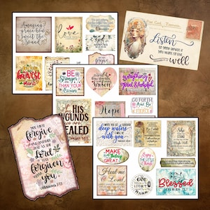 May include: A collection of decorative paper ephemera with inspirational quotes and floral accents. The designs include phrases like "Amazing grace," "Love never fails," and "Blessed." The color palette features soft pastels and vintage textures.