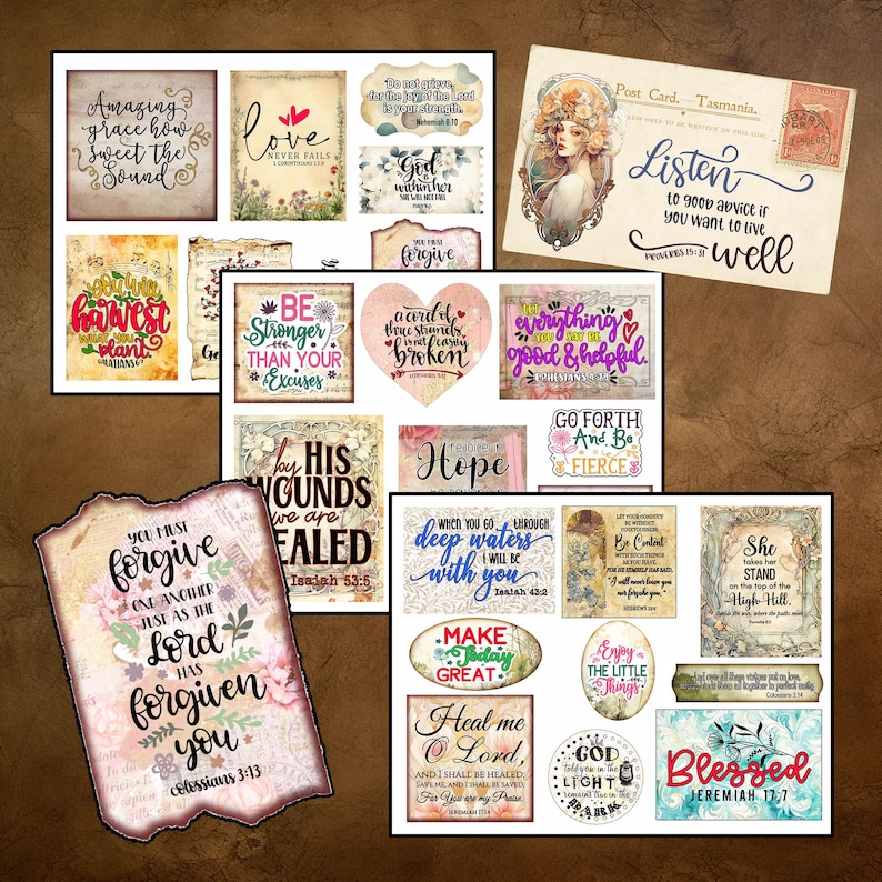 May include: A collection of decorative paper ephemera with inspirational quotes and floral accents. The designs include phrases like "Amazing grace," "Love never fails," and "Blessed." The color palette features soft pastels and vintage textures.