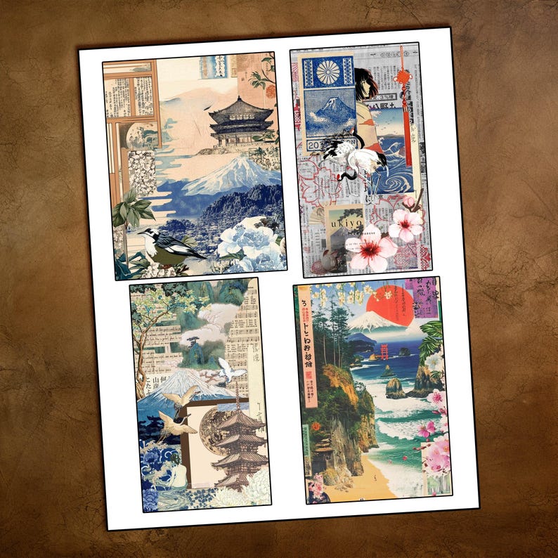 May include: A collage of four images featuring Japanese landscapes, including Mount Fuji, cherry blossoms, and traditional architecture. The images are in a vintage style and are arranged in a grid.