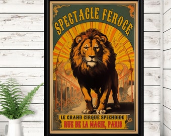 Póster original vintage de circo. Impresión digital de alta resolución (300 ppp). Acto de león feroz. Póster nostálgico de circo retro. Arte parisino. Decoración para el hogar.