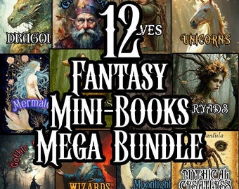Mega lot de 12 mini-livres fantastiques, 12 mini-livres complets Dragons Gnomes Elfes Licornes Sirènes Centaures Gobelins Dryades Sorcières Magiciens Fées
