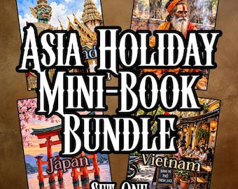 May include: A digital graphic titled ASIA HOLIDAY MINI-BOOK BUNDLE SET ONE featuring four distinct images: a green statue in Thailand, a person in orange robes, a red torii gate in Japan, and a street scene in Vietnam with text.