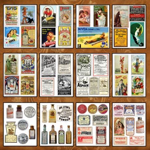 May include: A collage of vintage advertisements for various products, including medicine, toiletries, and household goods. The ads feature colorful illustrations and text, such as "Vaseline", "Nivea Creme", "Aspirin", "Talco Paglier", "Dr. Lyon's Tooth Powder", and "Cold Cream Woollatt".