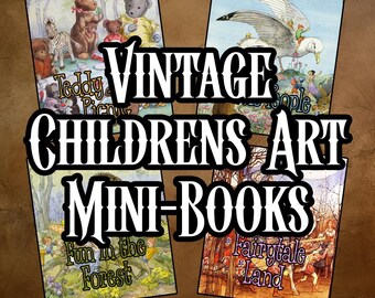 May include: Four illustrated mini-books featuring colorful scenes of teddy bears, birds, and forest creatures. The covers display the titles Teddy Picnic, The People, Fun in the Forest, and Fairytale Land. The text VINTAGE CHILDRENS ART MINI-BOOKS is overlaid.