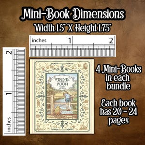 May include: A miniature book titled "Winnie the Pooh" with dimensions of 1.5" wide and 1.75" high. The image shows a ruler for scale and text indicating 4 mini-books per bundle, each with 20-24 pages.