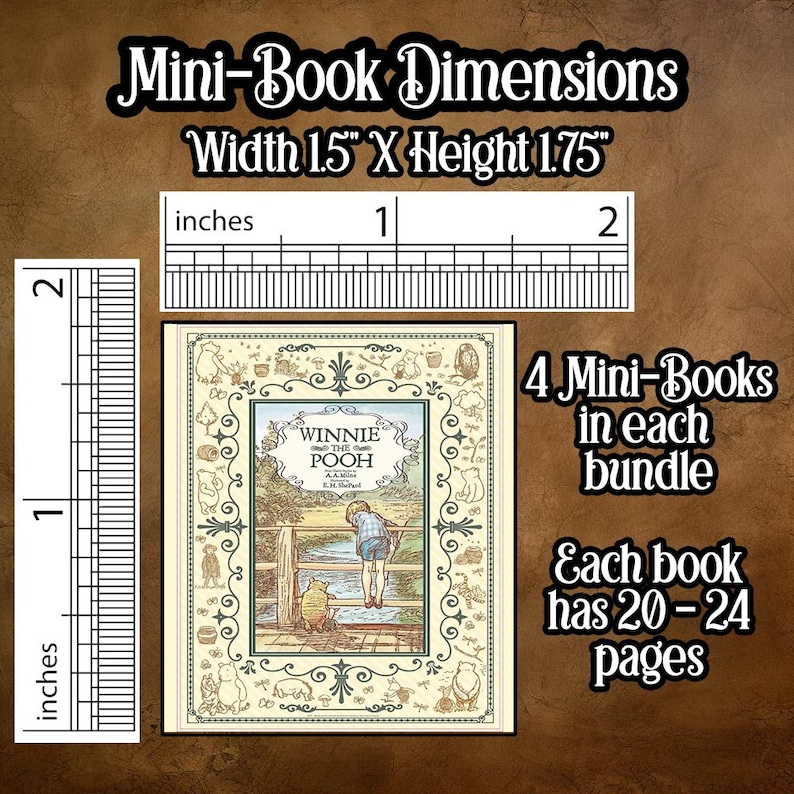 May include: A miniature book titled "Winnie the Pooh" with dimensions of 1.5" wide and 1.75" high. The image shows a ruler for scale and text indicating 4 mini-books per bundle, each with 20-24 pages.