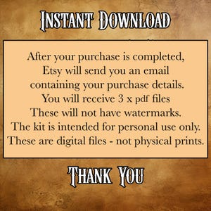 May include: A digital download graphic with the text "INSTANT DOWNLOAD" at the top and "THANK YOU" at the bottom. The text in the middle explains the purchase process, including receiving 3 PDF files without watermarks, for personal use only.