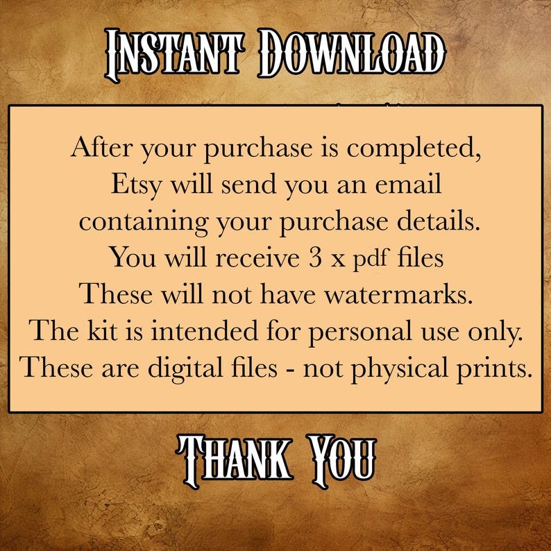 May include: A digital download graphic with the text "INSTANT DOWNLOAD" at the top and "THANK YOU" at the bottom. The text in the middle explains the purchase process, including receiving 3 PDF files without watermarks, for personal use only.