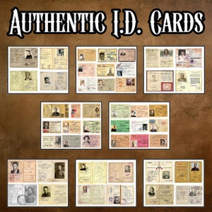 May include: The image displays a collection of vintage identification cards. The text "AUTHENTIC I.D. CARDS" is at the top. The cards feature portraits and various details, arranged in a grid format, with a brown background.