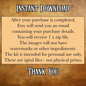 May include: A digital download announcement with text on a tan background. The text reads "INSTANT DOWNLOAD" at the top and "THANK YOU" at the bottom. The central text explains the download process and usage terms.