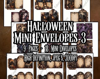 May include: A digital collection of Halloween mini envelopes featuring 9 pages and 18 designs. The graphics include skulls, ravens, pumpkins, and gothic architecture in dark, moody tones. Text reads: HALLOWEEN MINI ENVELOPES 3, 9 PAGES - 18 MINI ENVELOPES, HIGH DEFINITION, JPEG'S, 300DPI.