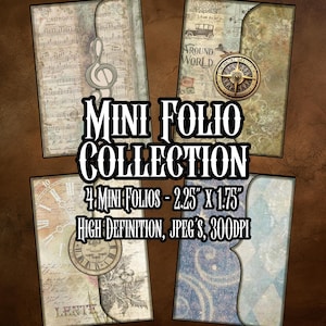 May include: Four mini folios, each 5.7 cm x 4.4 cm, with vintage-themed designs. The folios showcase musical notes, a compass, and clock faces. The text "Mini Folio Collection" is displayed. High definition JPEG images.