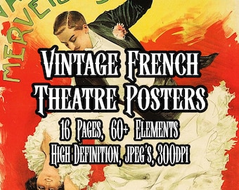 Puede incluir: Cartel de teatro francés vintage con una pareja bailando, con texto: "VINTAGE FRENCH THEATRE POSTERS, 16 PAGES, 60+ ELEMENTS, HIGH DEFINITION, JPEG'S, 300DPI". El cartel tiene un fondo amarillo y rojo.