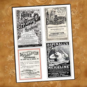 May include: Four vintage advertisements for different products. The top left ad is for Male's Hopebound Tar, a cough remedy. The top right ad is for Scott's Emulsion, a pure cod liver oil and hypophosphites product. The bottom left ad is for Fluid Hydractis, a product for either local or internal use. The bottom right ad is for Aspinall's Neigeline, a skin care product.