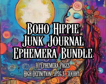 Boho Hippie Junk Journal Ephemera Bundle 70&#39;s Hippie Printable Papers Scrapbooking Collage Colorful Bohemian Hi-Resolution Instant Download