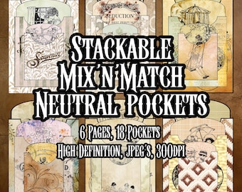 Op de afbeelding: Een verzameling van zes papieren zakken in vintage-stijl met decoratieve elementen. De zakken bevatten illustraties, tekst en een neutraal kleurenpalet. Tekst op de afbeelding luidt "STACKABLE MIX 'N MATCH NEUTRAL POCKETS" en "6 PAGES, 18 POCKETS".