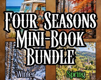 May include: A Four Seasons Mini-Book Bundle graphic featuring four distinct panels. The top left shows a beach van, top right displays autumn foliage, bottom left depicts a snowy winter forest, and bottom right shows a green spring landscape.