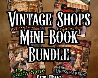 May include: A collection of four illustrated mini-books titled Vintage Shops Mini-Book Bundle Set Two. The covers feature detailed scenes of a bakery, a fruit stand, a candy store, and a dressmaker shop with text including Rosewood Bakery.