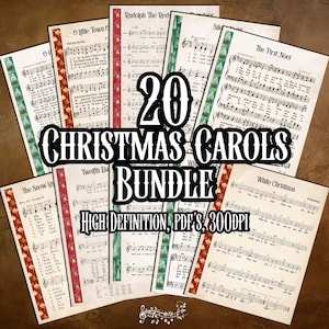 May include: A bundle of 20 Christmas carols printed on aged paper. The image features sheet music with decorative borders in red, green, and white. Text on the image reads "20 Christmas Carols Bundle" and "High Definition, PDFs, 300DPI."