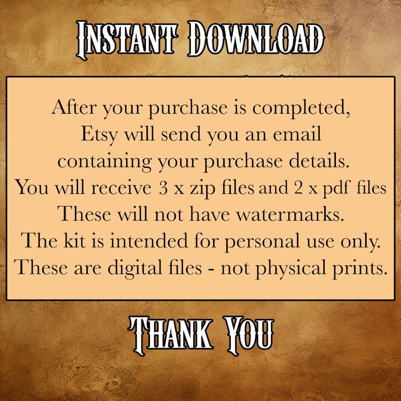 May include: A digital download graphic with the words "INSTANT DOWNLOAD" at the top and "THANK YOU" at the bottom. The text in the middle explains the purchase details, including the number of files and their intended use.