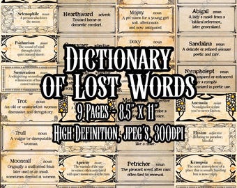 The Dictionary of Lost Words Printable Ephemera Pack 70+ Dictionary Definitions 2 Sizes Feminine Words Junk Journal Kit Antique Paper Bundle