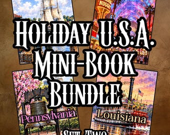 May include: A Holiday U.S.A. Mini-Book Bundle Set Two featuring four distinct illustrations: a tall ship, a vibrant Las Vegas street scene, the Liberty Bell in Pennsylvania, and a paddlewheel boat in Louisiana, all with bold black text overlays.