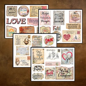 May include: A collection of vintage-style paper ephemera with inspirational quotes and religious themes. The designs include postcards, circular designs, and rectangular tags with phrases like "Love," "Hope," and "Be Strong and Courageous."