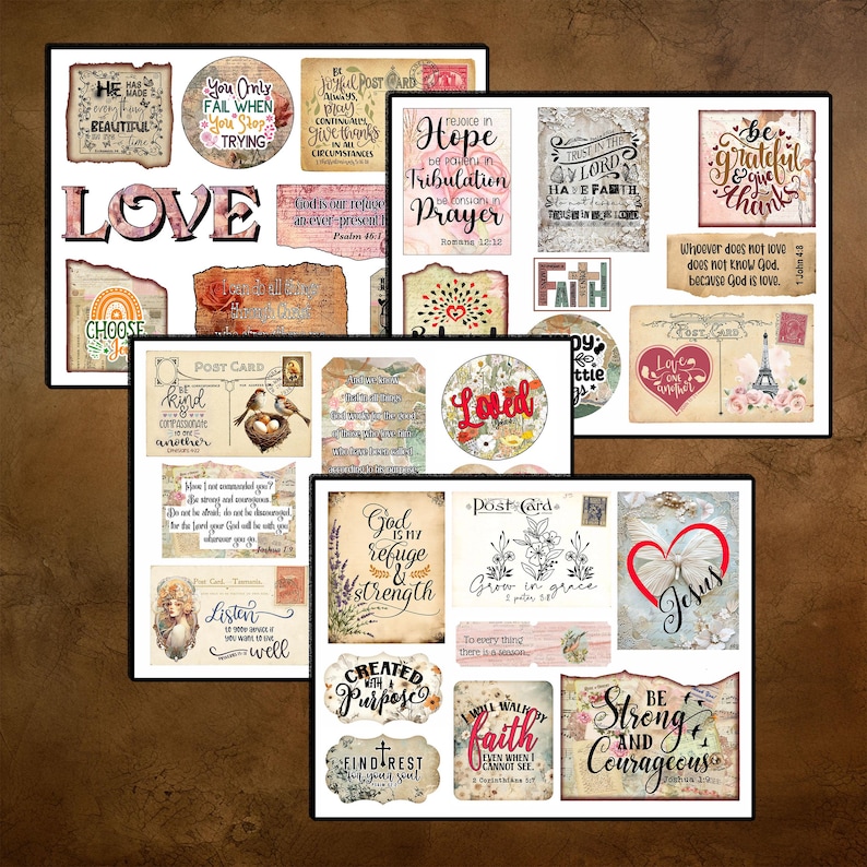 May include: A collection of vintage-style paper ephemera with inspirational quotes and religious themes. The designs include postcards, circular designs, and rectangular tags with phrases like "Love," "Hope," and "Be Strong and Courageous."
