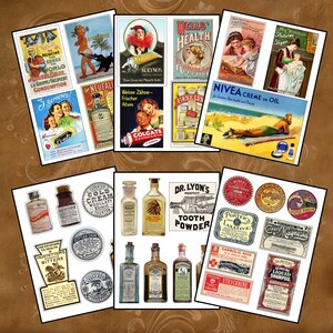 May include: A collection of vintage advertisements and labels for various products, including medicine, toothpaste, cold cream, and hair care. The images feature illustrations of people, animals, and products, and are printed in a variety of colors.
