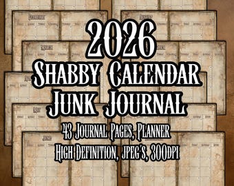 Shabby 2026 Calendar Junk Journal Printable Pages Scrapbooking Supplies Collage Digital Art Calendar Printable Journal kit Instant Download