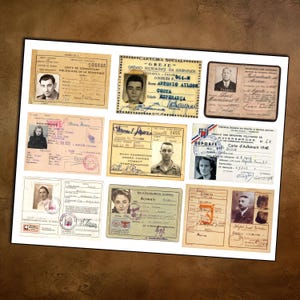 May include: A collection of vintage identification cards and documents, featuring portraits and handwritten text. The cards vary in size and color, with stamps and signatures. The theme suggests historical or archival ephemera.