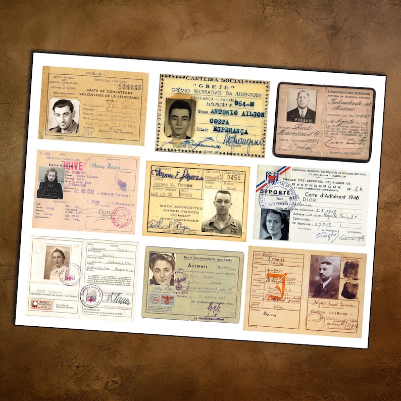 May include: A collection of vintage identification cards and documents, featuring portraits and handwritten text. The cards vary in size and color, with stamps and signatures. The theme suggests historical or archival ephemera.