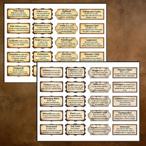 May include: Two sheets of paper with various labels featuring text and illustrations from the Harry Potter universe. The labels are in a variety of shapes and sizes, with a brown border and a cream-colored background. The labels include terms like "Felix Felicis" and "Dark Arts".