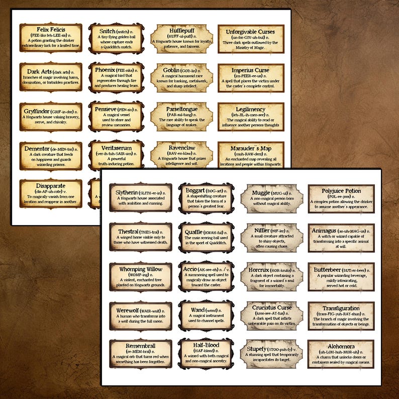 May include: Two sheets of paper with various labels featuring text and illustrations from the Harry Potter universe. The labels are in a variety of shapes and sizes, with a brown border and a cream-colored background. The labels include terms like "Felix Felicis" and "Dark Arts".