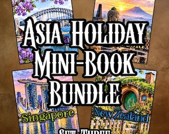May include: A collection of four square images featuring travel scenes from Australia, Indonesia, Singapore, and New Zealand, with the bold white text ASIA HOLIDAY MINI-BOOK BUNDLE SET THREE overlaid on the center of the composition.