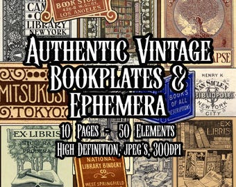 Vintage Authentic Bookplates and Literary ephemera Collage Sheets Junk Journal Printable Art Scrapbooking Journal Instant Download