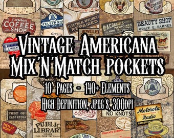 Americana Neutral Filled Pocket Mix'n'Match Ephemera for Junk Journal Decoupage Collage Journal Pockets Scrapbooking Instant download