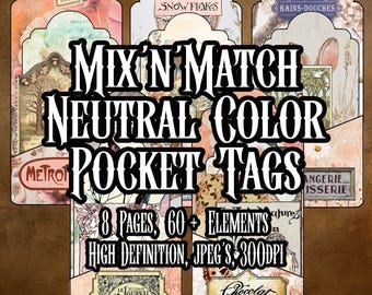 Neutrale Farbe Mix'n'Match Geladen Taschen Tags Ephemera Seiten Karten Decoupage Collage Ephemera Journal Taschen Scrapbooking Sofort download
