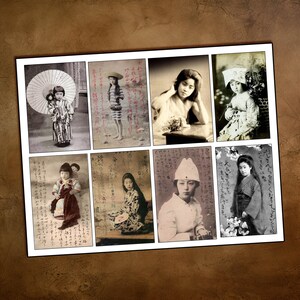 May include: A collage of nine vintage postcards featuring images of Japanese women and girls in traditional clothing. The postcards are in black and white and have a faded, antique look.