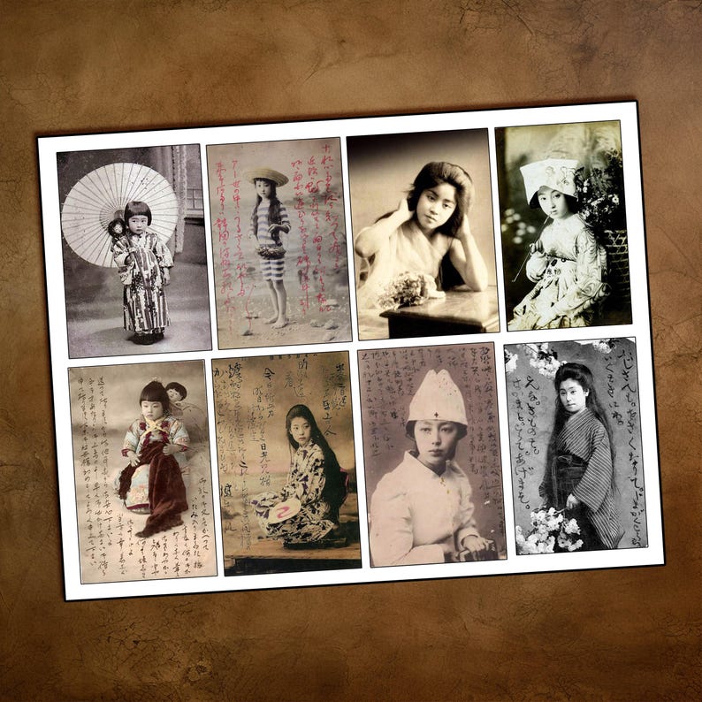 May include: A collage of nine vintage postcards featuring images of Japanese women and girls in traditional clothing. The postcards are in black and white and have a faded, antique look.
