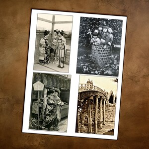 May include: A collage of four vintage black and white photographs. The top left photo shows three women in traditional Japanese clothing standing on a wooden platform. The top right photo shows three children sitting in a woven basket. The bottom left photo shows two women in traditional Japanese clothing standing in front of a building. The bottom right photo shows a wooden bridge over a river.