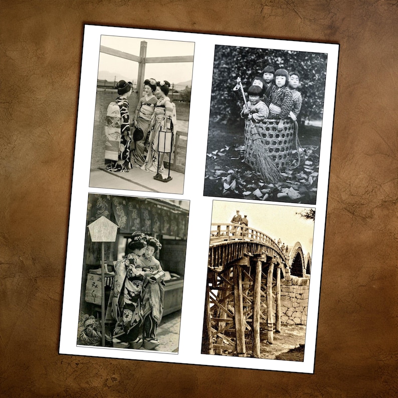 May include: A collage of four vintage black and white photographs. The top left photo shows three women in traditional Japanese clothing standing on a wooden platform. The top right photo shows three children sitting in a woven basket. The bottom left photo shows two women in traditional Japanese clothing standing in front of a building. The bottom right photo shows a wooden bridge over a river.