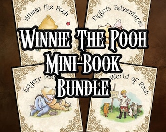 Puede incluir: Un conjunto de cuatro mini-libros con personajes de Winnie the Pooh. Cada portada tiene un fondo crema con bordes decorativos e ilustraciones de Pooh, Piglet, Eeyore y Christopher Robin. Se muestra el texto "Winnie the Pooh Mini-Book Bundle".
