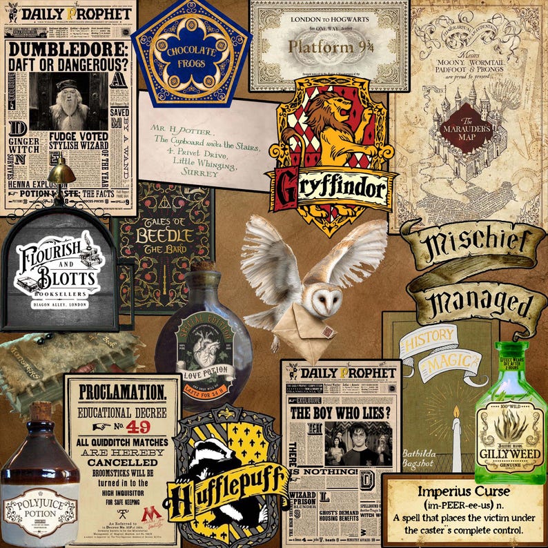 May include: A collage of items from the Harry Potter series. Includes newspaper clippings, potion bottles, Hogwarts house crests, a map, and a barn owl carrying a letter. The color palette is warm, with sepia tones and accents of gold and green.