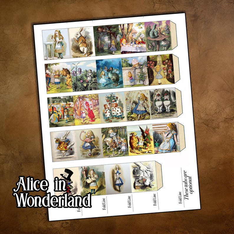 May include: A printed sheet featuring illustrations from "Alice in Wonderland." The images depict scenes and characters from the story, including Alice, the White Rabbit, and the Mad Hatter. The text "Alice in Wonderland" is visible.