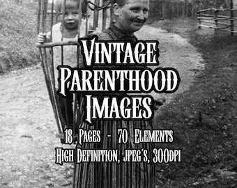 May include: A black and white digital collection titled VINTAGE PARENTHOOD IMAGES, 18 PAGES - 70 ELEMENTS, HIGH DEFINITION, JPEG'S, 300DPI. The image features a person carrying a child in a wooden basket on their back along a rural path.